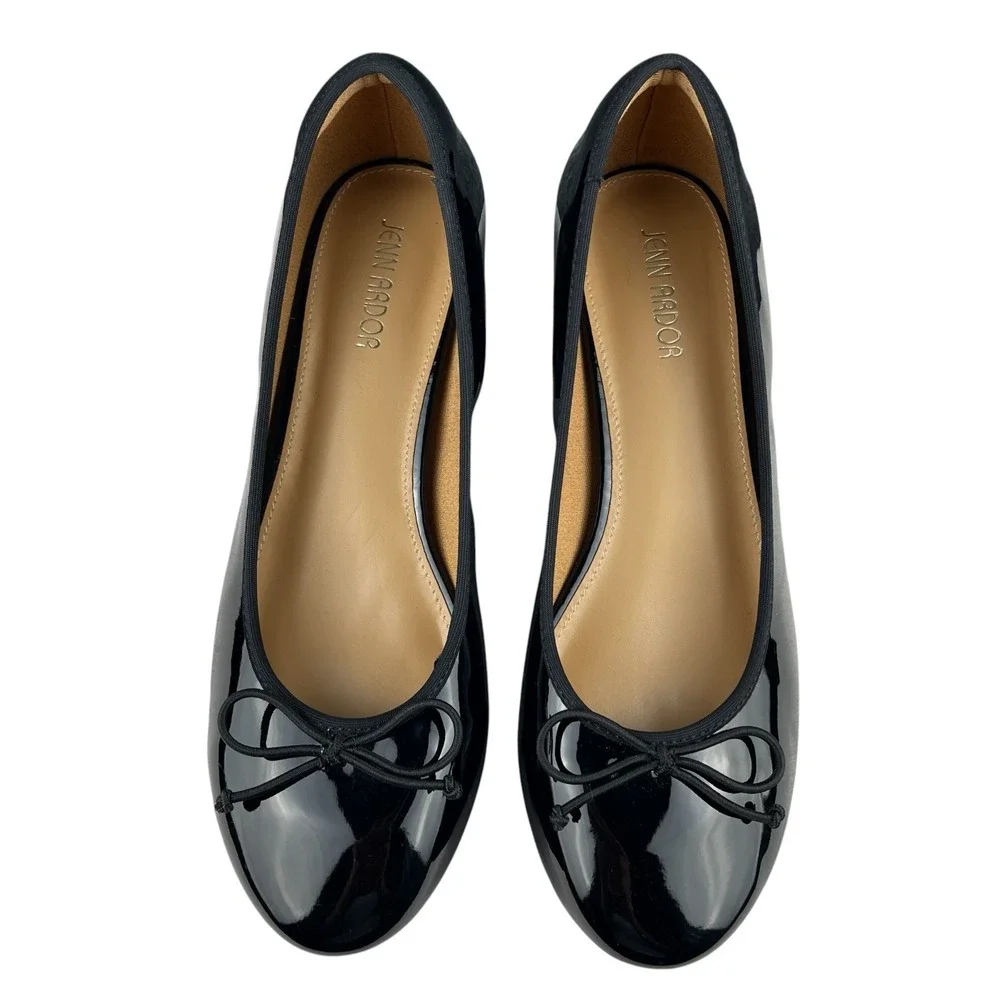 Jenn Ardor Women's Ballet Pumps Size 9.5 Black Patent Bow Slip On Low Block Heel